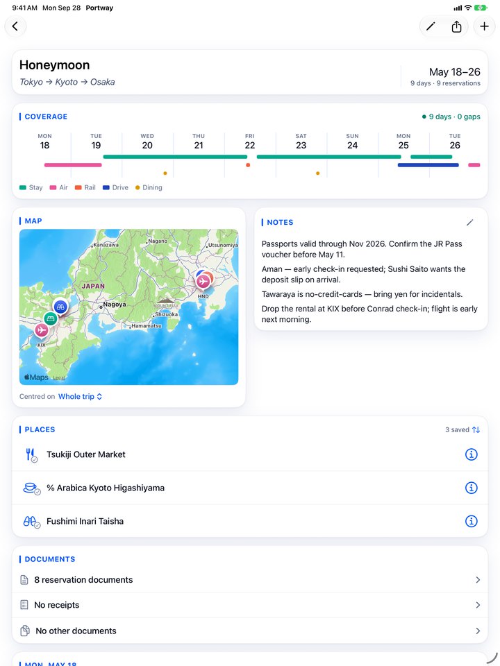 The Honeymoon trip on iPad: coverage, map and notes side by side