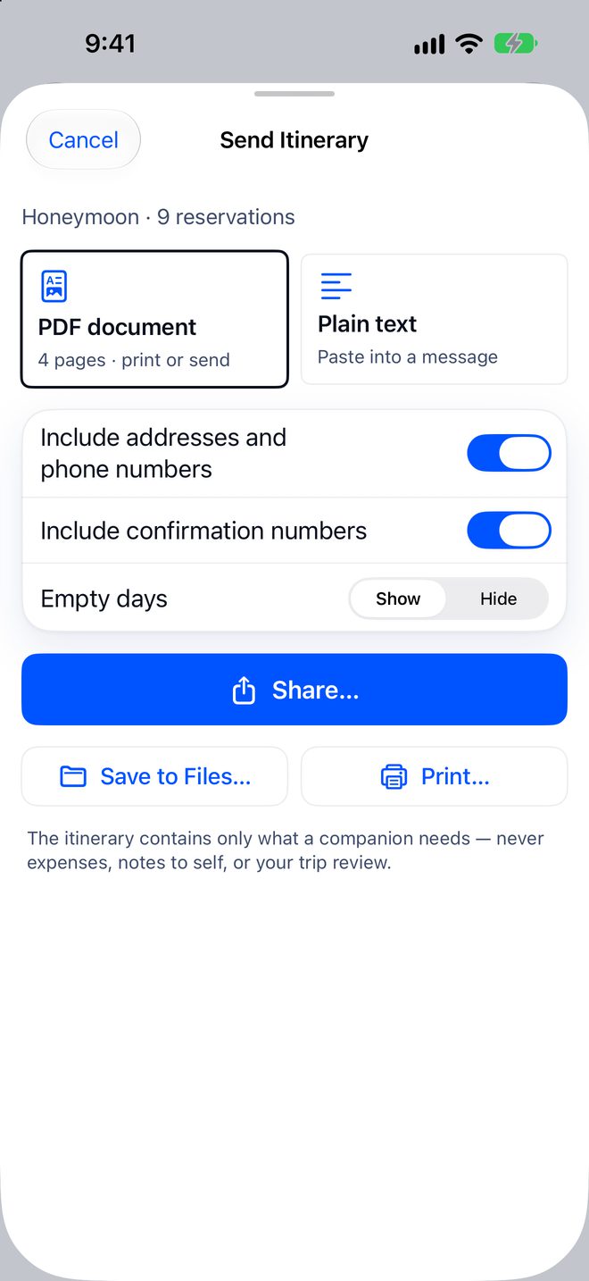 Send Itinerary: a PDF or plain text, with addresses and confirmation numbers