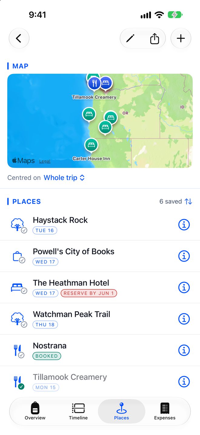A road trip’s saved places on a map, each with its day