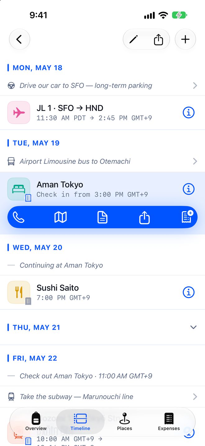 A trip’s timeline, with the Aman Tokyo booking tapped open