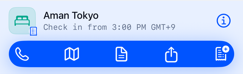 Aman Tokyo, tapped open: buttons to call, see the map, open the confirmation, share it and add a receipt